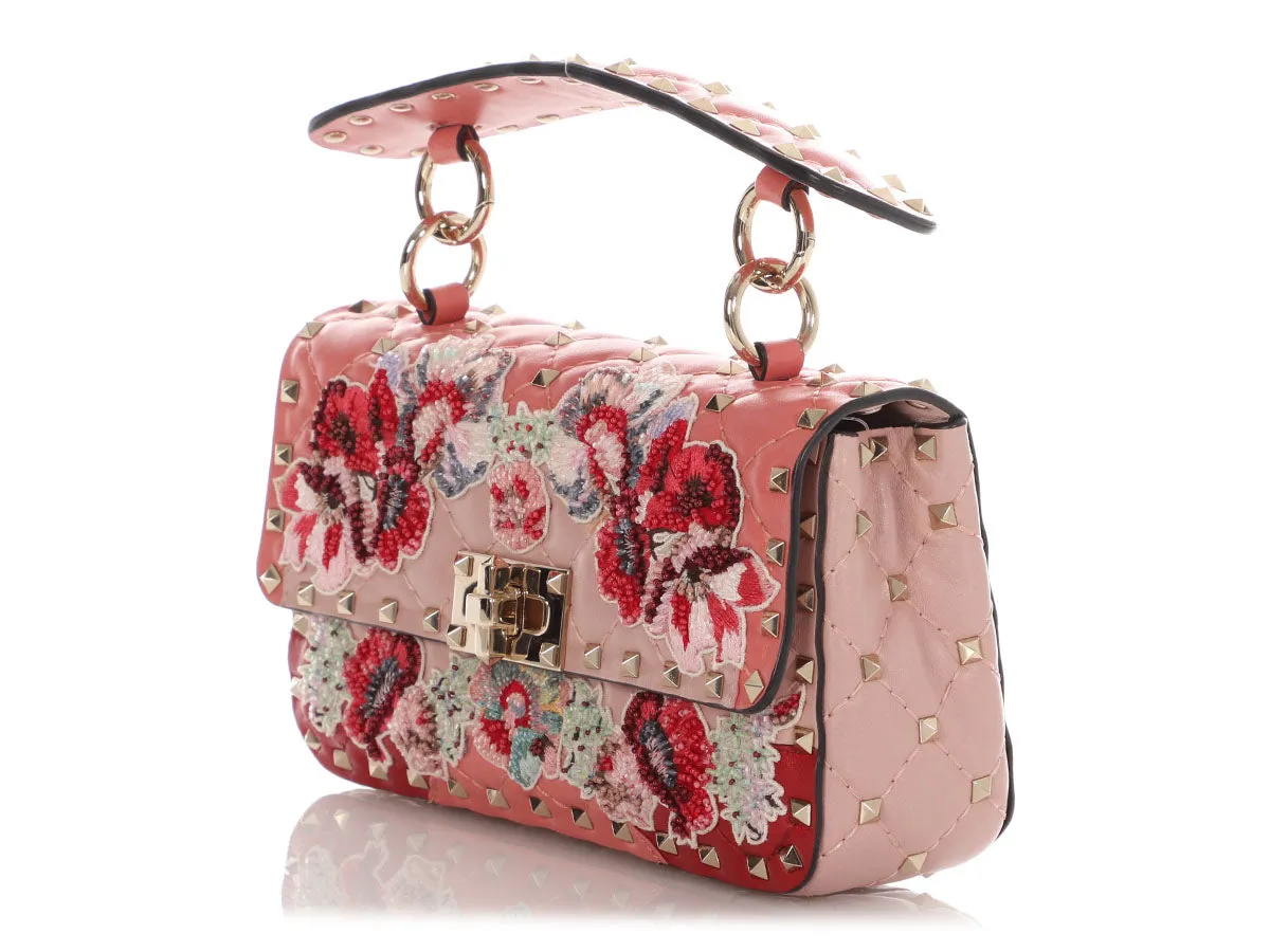 Valentino Small Pink Floral Embroidered Rockstud Shoulder Bag